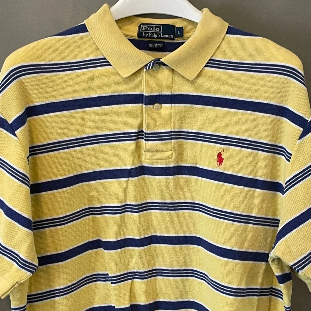 Polo Ralph Lauren Mens Large Yellow Striped Cotton Pique Short Sleeve Polo Shirt